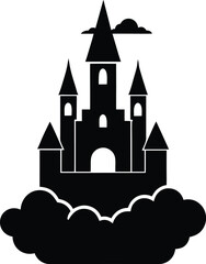 flat castle in clouds icon on white