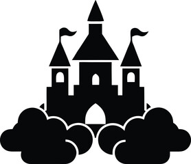 flat castle in clouds icon on white