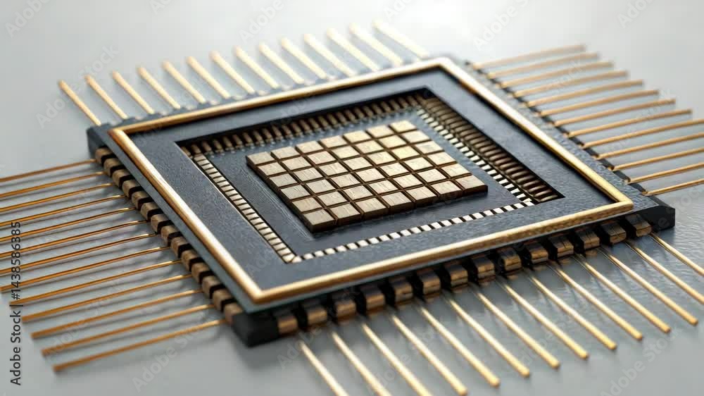 Poster a close-up view of a microchip showcasing intricate details and connections, highlighting the techno