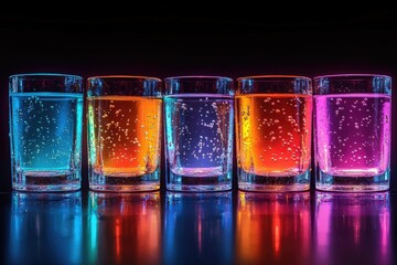 Four vibrant shot glasses filled with colorful carbonated drinks under neon lights.