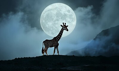 Giraffe silhouette under full moon - Powered by Adobe