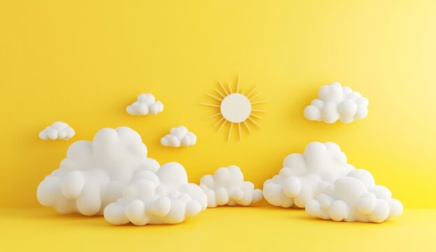 Simple, cheerful scene of clouds and sun on a bright yellow background.  Fluffy white clouds, a yellow sun, and a minimalist design create a happy, childlike atmosphere