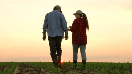 two farmers work field sunset, work tablet agriculture, hand sun farming farm employee, business partners deal, machinery road, insurance wealth digital horizon slow pc cereal view garden labor sky
