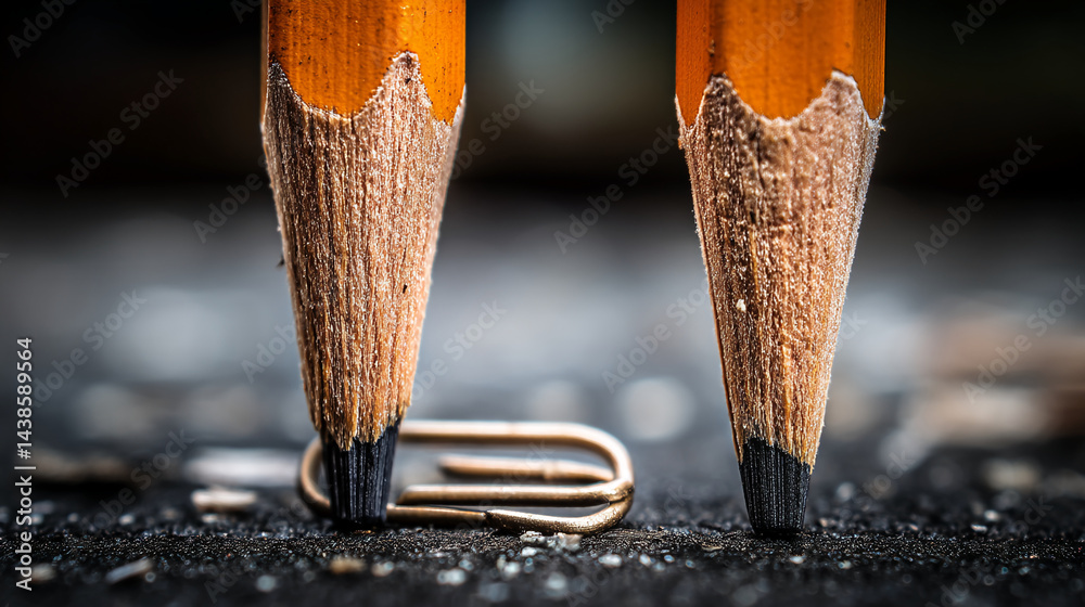 Aufkleber close-up of two sharpened pencils, their tips poised above a paperclip on a dark surface, showcasing
