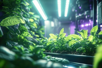 Lush green plants thriving under artificial grow lights in a futuristic indoor farm.
