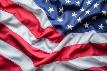 Dramatic close up of an American flag showcasing its rich red white and blue hues in a textured flowing display with subtle folds and seams capturing the essence