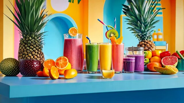 Vibrant tropical smoothie bar with juices, fruits, and colorful decor