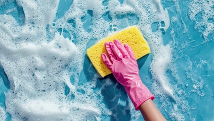 Cleaning with a sponge and pink gloves
