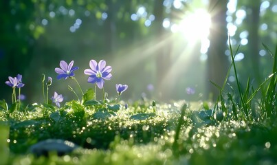 Obraz premium Sunlit forest spring flowers, sunrise, dew. Nature background, website banner