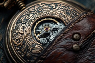 Intricate antique pocket watch with ornate details and exposed gear mechanism, showcasing craftsmanship and timekeeping precision.