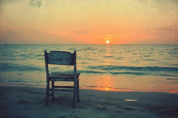 Solitary wooden chair on a sandy beach, facing a tranquil sunset over the ocean.