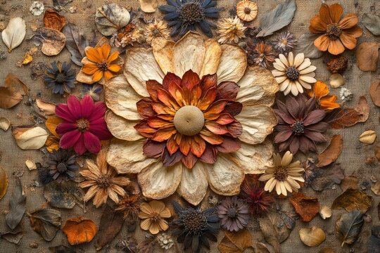 Dried flowers arranged in a circular pattern on burlap, creating a stunning autumnal floral design. - Powered by Adobe