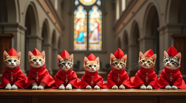  tabby cats, possibly Munchkin or Polydactyl, are dressed in red cardinal robes and birettas