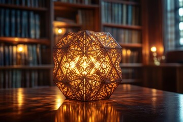 Obraz premium Intricate wooden lamp illuminates a library, casting warm light through its geometric, laser-cut design.