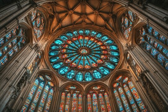 A breathtaking rose window and stained glass illuminate a majestic Gothic church, showcasing intricate architectural details and vibrant colors.