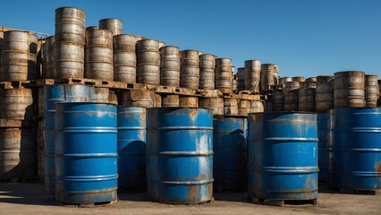 Industrial Oil Barrel Storage in Rustic Browns and Blues Against Clear Sky