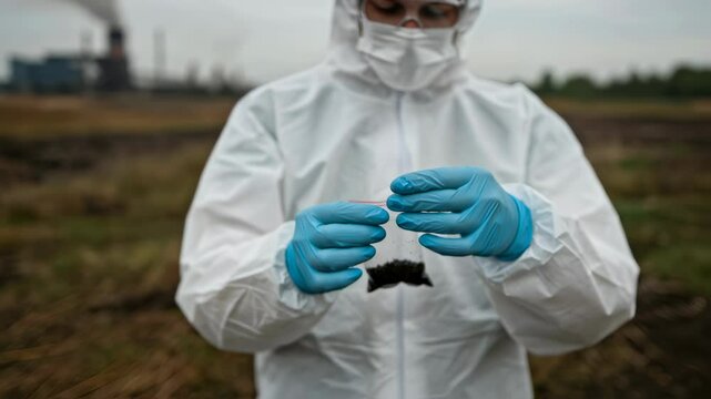 Environmental scientist examines soil sample in sealed bag near factory. Woman in hazmat suit for research on ecological impact of industrial pollution site.