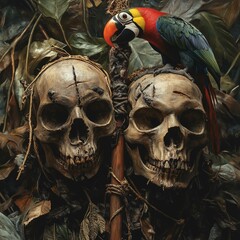 Photorealistic Image of Two Human Skulls with parrot