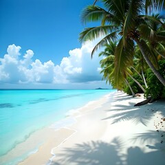 Fototapeta premium A secluded tropical beach with crystal-blue water and palm trees.