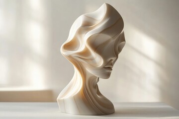 Fototapeta premium Abstract sculpture of a woman's head, featuring swirling, marble-like textures and a minimalist design.