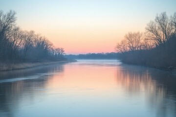 Obraz premium Serene pastel sunrise over a calm river, reflecting the tranquil sky and bare winter trees.