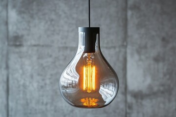 A stylish, amber-toned Edison bulb pendant light hangs against a grey concrete wall, illuminating the space with a warm glow.