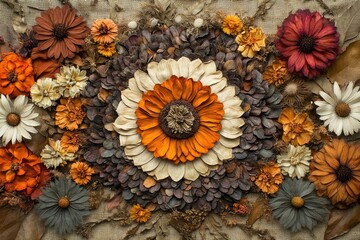 Dried flower arrangement forming a mandala pattern with warm autumnal colors.