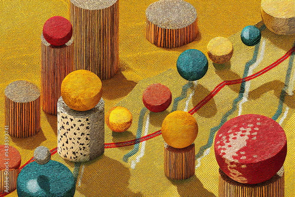 Poster Abstract image of textured spheres and cylinders on a yellow background, showcasing a dynamic, modern design concept, suitable for various applications