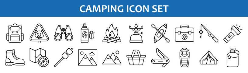 Camping icon set vector illustration featuring backpack binoculars campfire and outdoor gear design