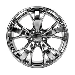 Obraz premium Shiny chrome wheel rim showcasing intricate design suitable for sports cars and customization enthusiasts