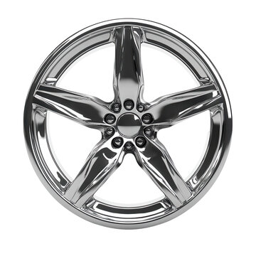 Shiny chrome alloy car wheel design showcasing intricate five-spoke pattern against a white background