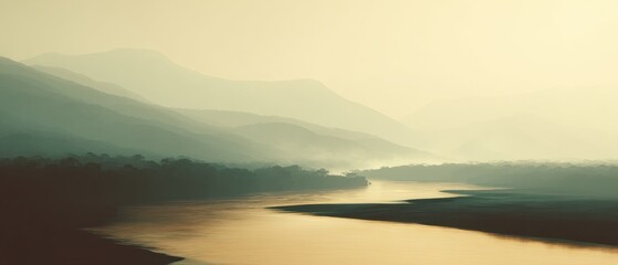 Fototapeta premium Calm River Flowing Through Lush Valley with Distant Mountains and Golden Reflections