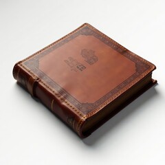 Obraz premium Old leather bound book with subtle shadows on white background, muted tones, literary aesthetic, creased paper