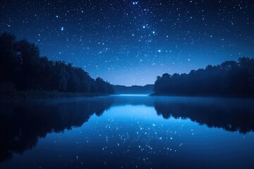 Fototapeta premium Serene night scene: Starry sky reflected in a calm lake embraced by trees.