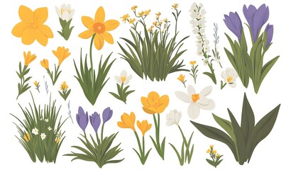 Bright and cheerful vector illustration of various colorful spring flowers in bloom. Perfect for adding a touch of nature and joy to any project.