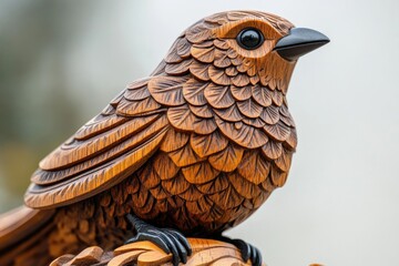 Fototapeta premium Intricate wooden bird carving, showcasing detailed feather texture and perched on a branch.