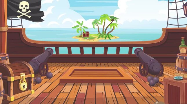Pirate Ship Approaching Treasure Island with Chest Animation