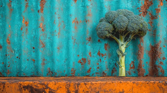 Broccoli against weathered blue corrugated metal