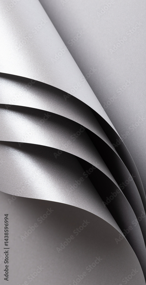 Poster Silver and gray paper texture with metallic shine and pearlescent finish, folded and rolled design with smooth, clean surface, modern minimalistic abstract composition, creating an elegant, luxurious.