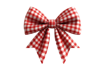 Red Checkered Fabric Bow Isolated on Transparent Background PNG Image.