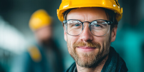 Close-up portrait of a smiling man wearing glasses and a yellow hard hat, showcasing professionalism and competence in a construction or industrial setting