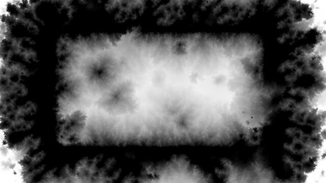 Monochrome fractal ink design forming a soft-edged rectangular frame with luminous cloudy textures in the center, perfect for cinematic titles and modern visuals
