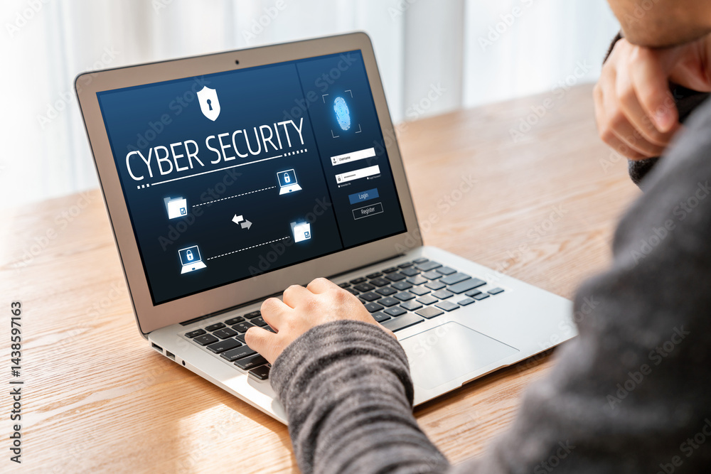 Poster cyber security system on computer screen protect private information snugly from hacker and cyber at