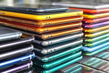 Stack of Vibrant Smartphones Arranged in a Showroom Display Showcasing Diverse Colors and Angles for Customer Engagement