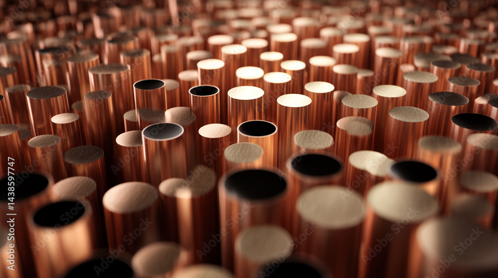 Poster close-up of numerous copper cylinders, varying in shades of copper and some with dark interiors, cre