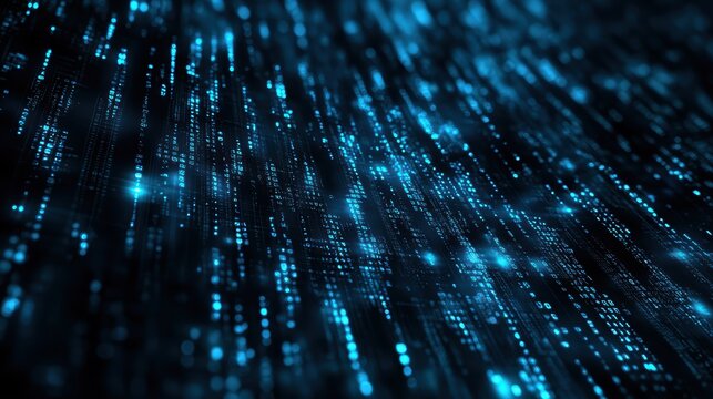 A digital cryptocurrency background with blockchain icons and matrix code