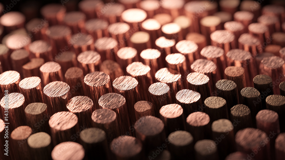 Poster close-up of numerous copper cylinders, creating a textured surface with warm tones, suggesting conce