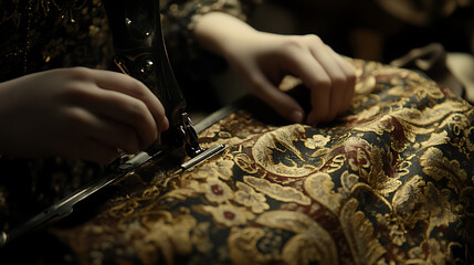 Person Sewing Intricate Gold Embroidery on Fabric
