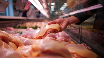 Close up of a shopper selecting a raw chicken breast from a refrigerated display case in a supermarket, representing fresh poultry, healthy eating, and grocery shopping for meal preparation.