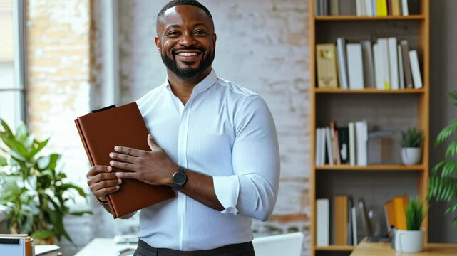 Confident professional holding folder in modern office environment with bookcase and plants
